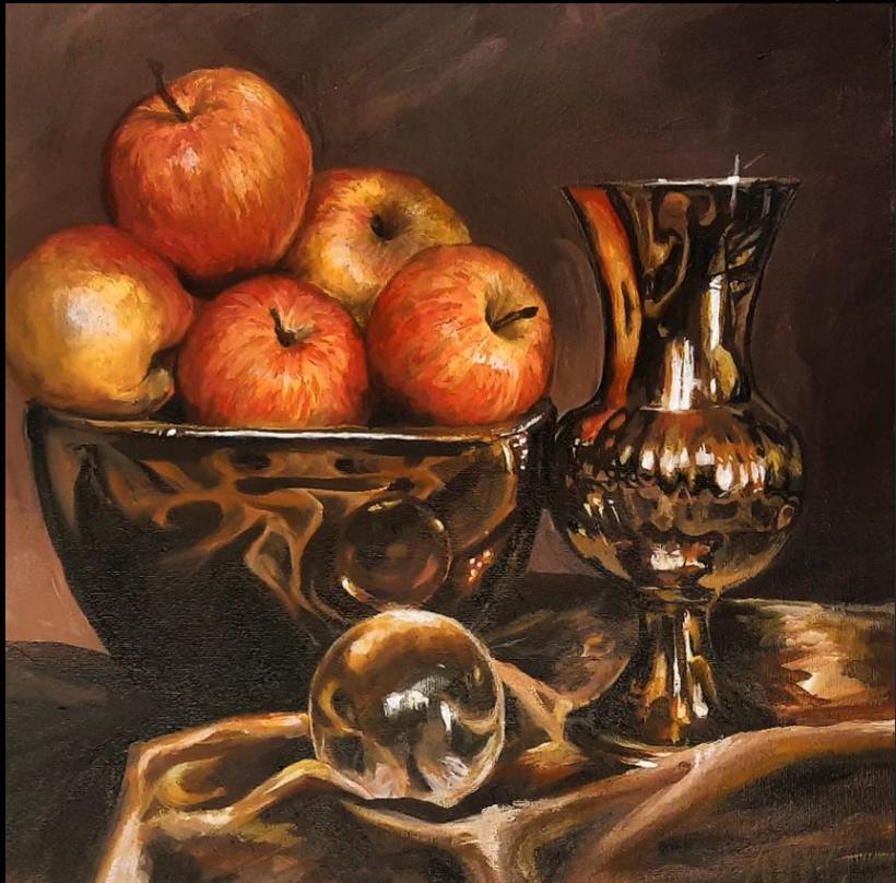 Acrylic still life of apples in a brass bowl with a reflective vase and glass sphere