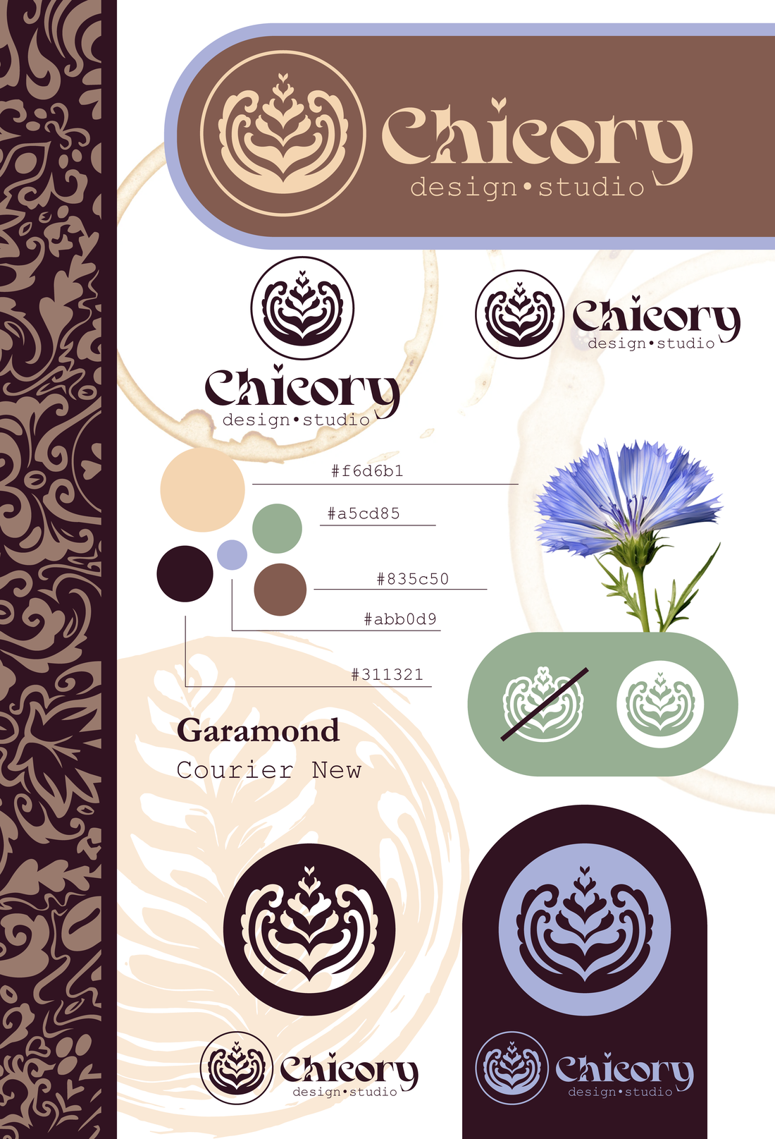 Chicory design studio brand board — latte rosetta logo, lockups, palette and type