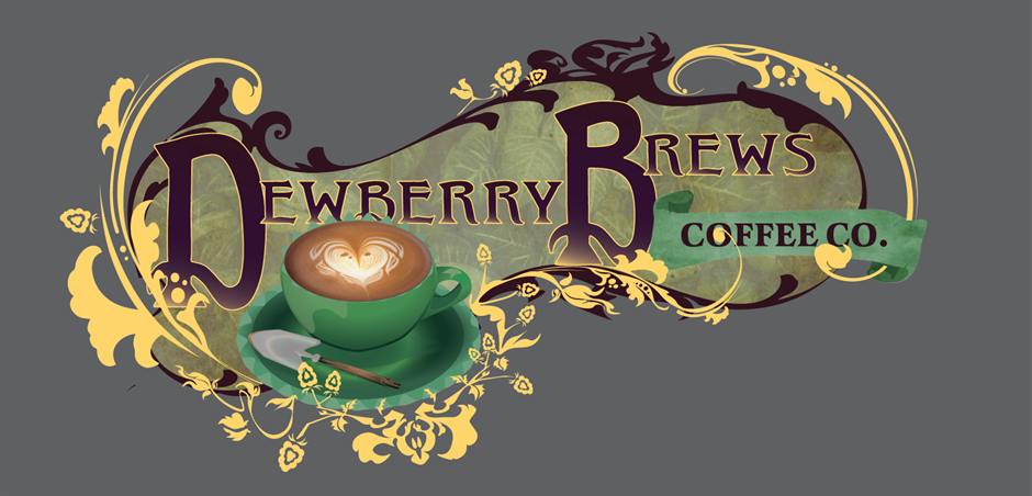 Dewberry Brews Coffee Co. logo — art nouveau botanicals with a green teacup of latte art