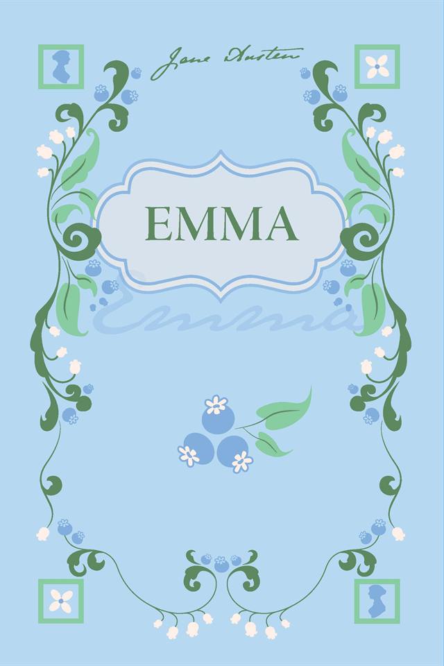 Emma book cover — blueberry botanicals on powder blue