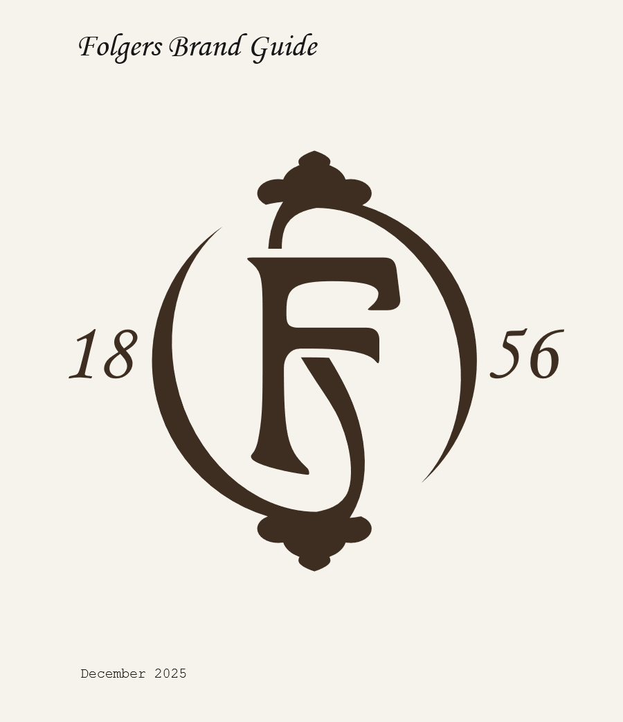 Folgers brand guide cover with a redesigned F monogram and the dates 1856