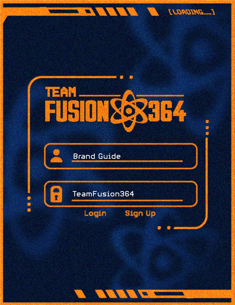 Team Fusion 364 brand guide cover styled as a retro sci-fi login terminal in orange and navy