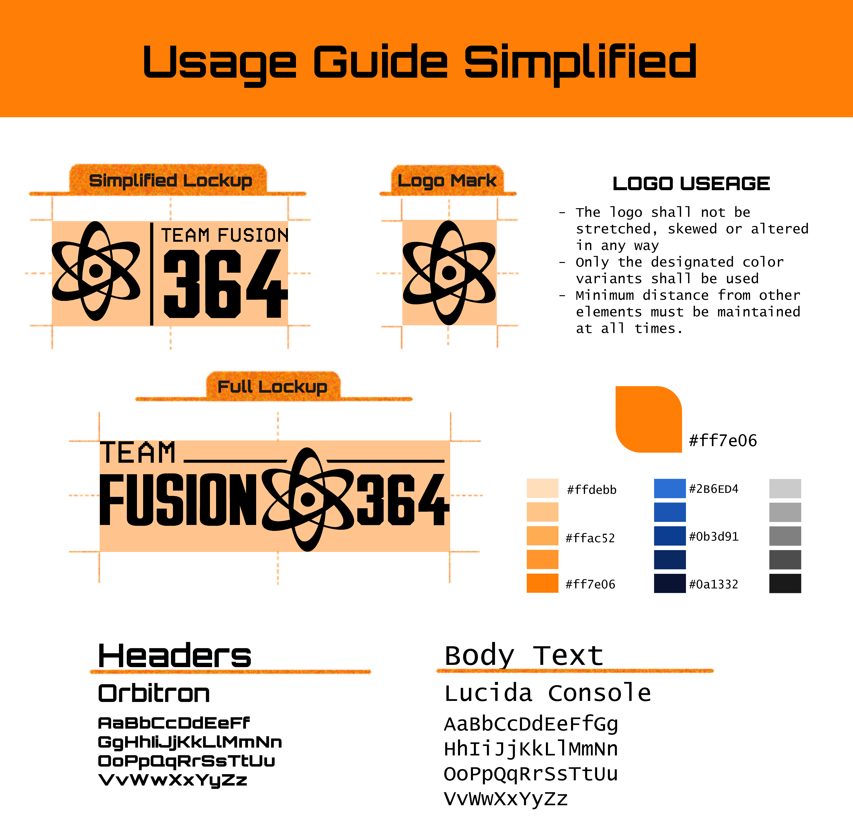 Fusion 364 one-page simplified brand guide showing logo, colours and type rules