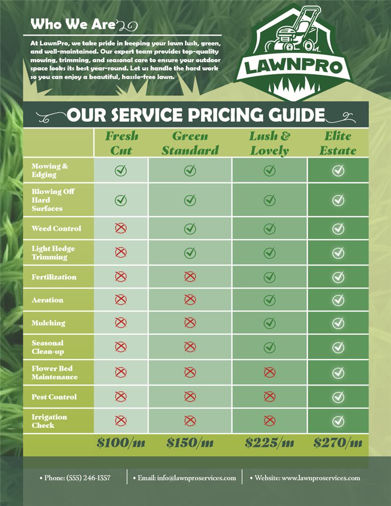 LawnPro service pricing guide flyer in layered greens