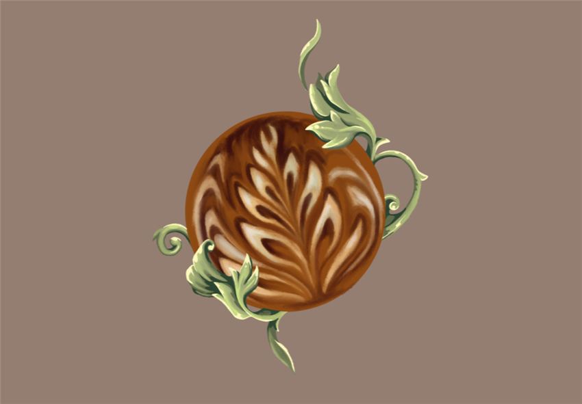 Painted latte rosetta wrapped in botanical leaves — the studio logo illustration