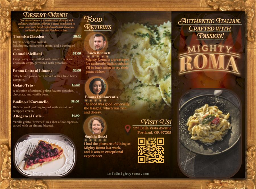 Mighty Roma trifold menu — dark Italian restaurant menu in an ornate gold frame