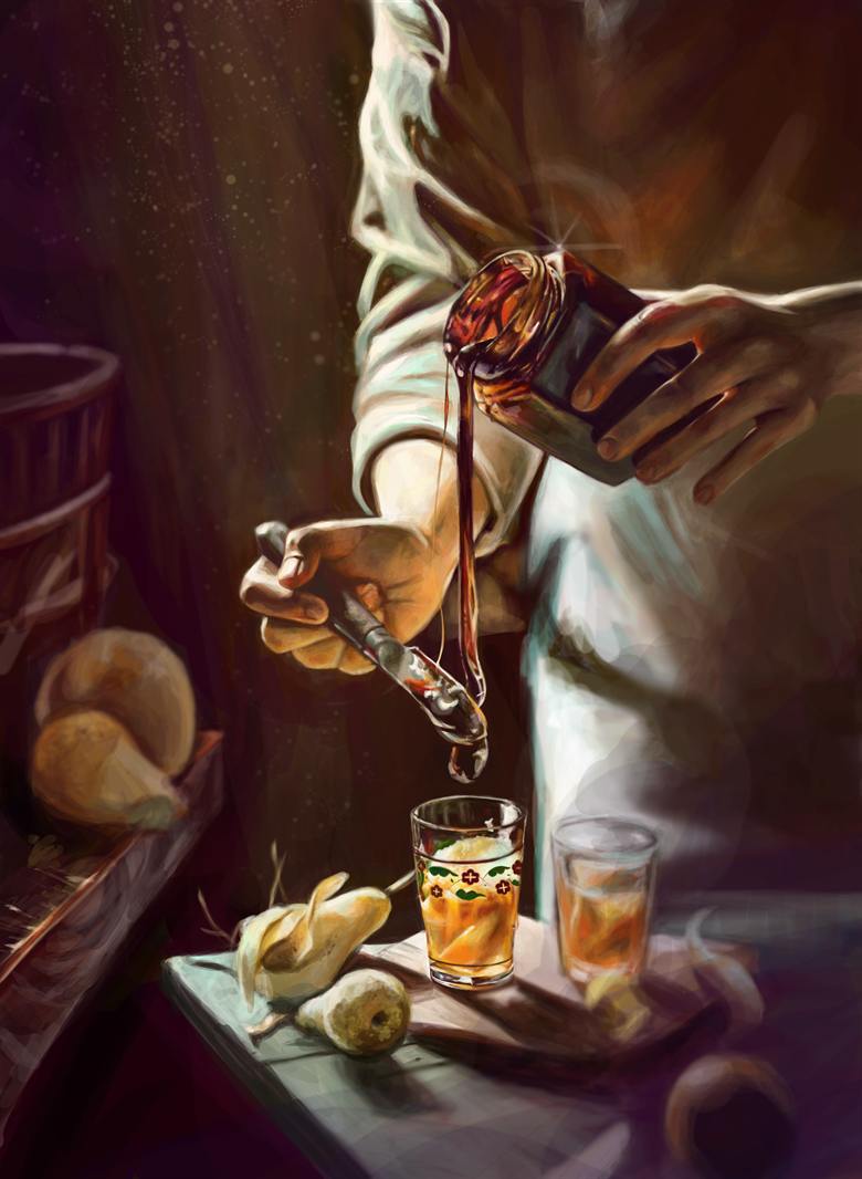 Digital painting of hands pouring dark pear jam over glasses, with pears on a wooden board