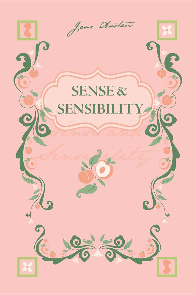 Sense and Sensibility book cover — peach botanicals on pink