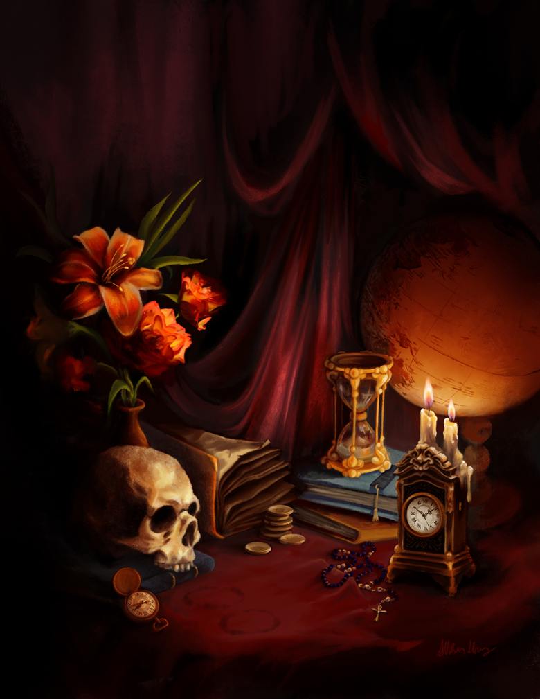 Dark vanitas still life digital painting — skull, orange lilies, globe, hourglass, and candlelit clock